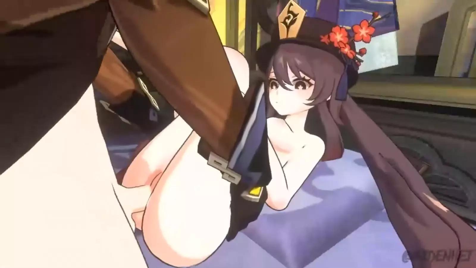 Hentai character with thigh riftslo fringe and hiding her eyes